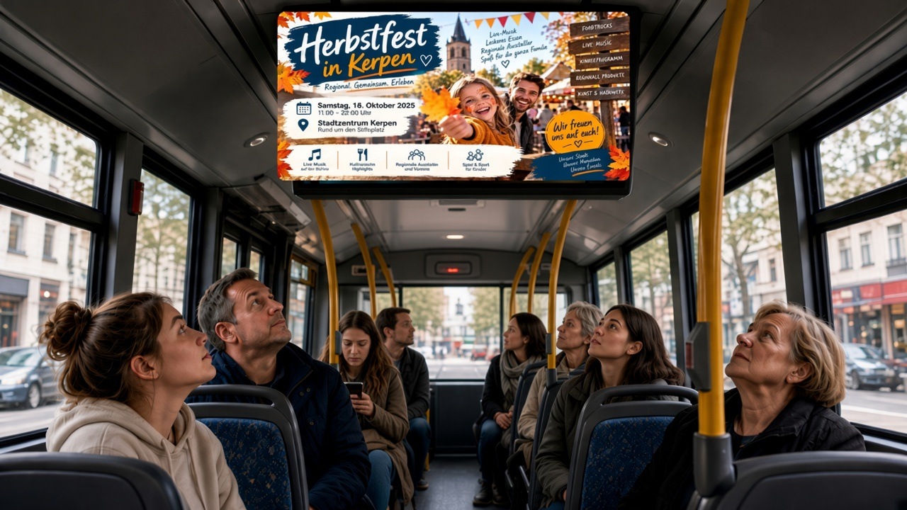 Fahrgäste sehen Werbung auf Monitoren im Businnenraum