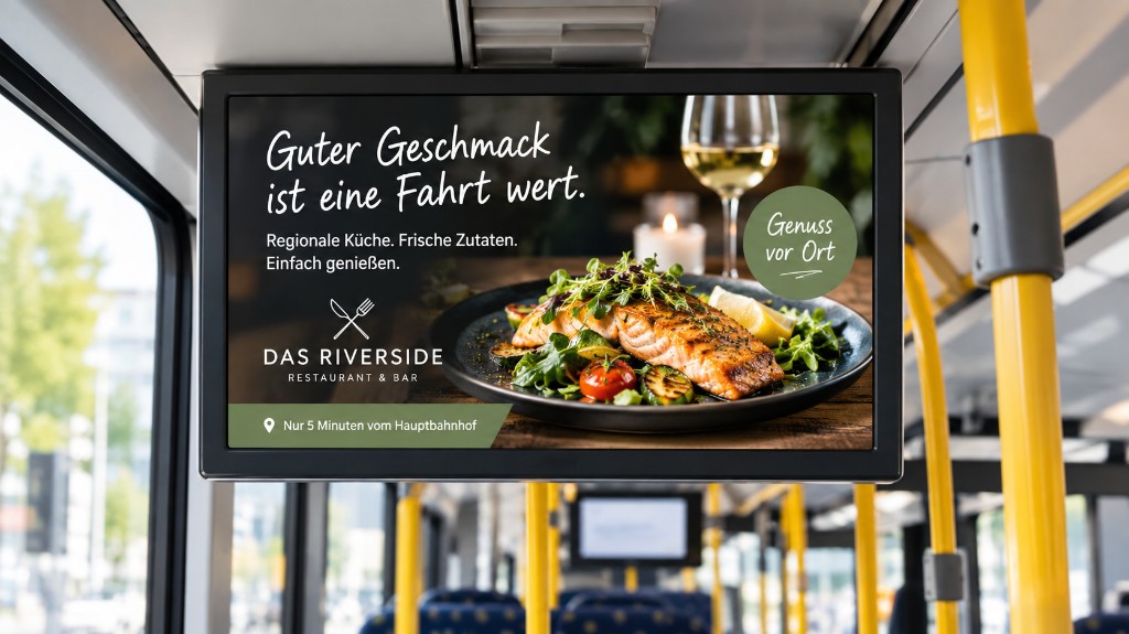 Beispielspot Gastronomie auf einem Monitor im Bus