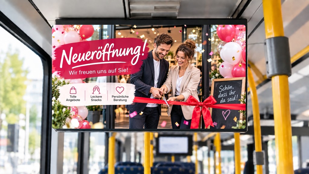 Beispielspot Neueröffnung auf einem Monitor im Bus