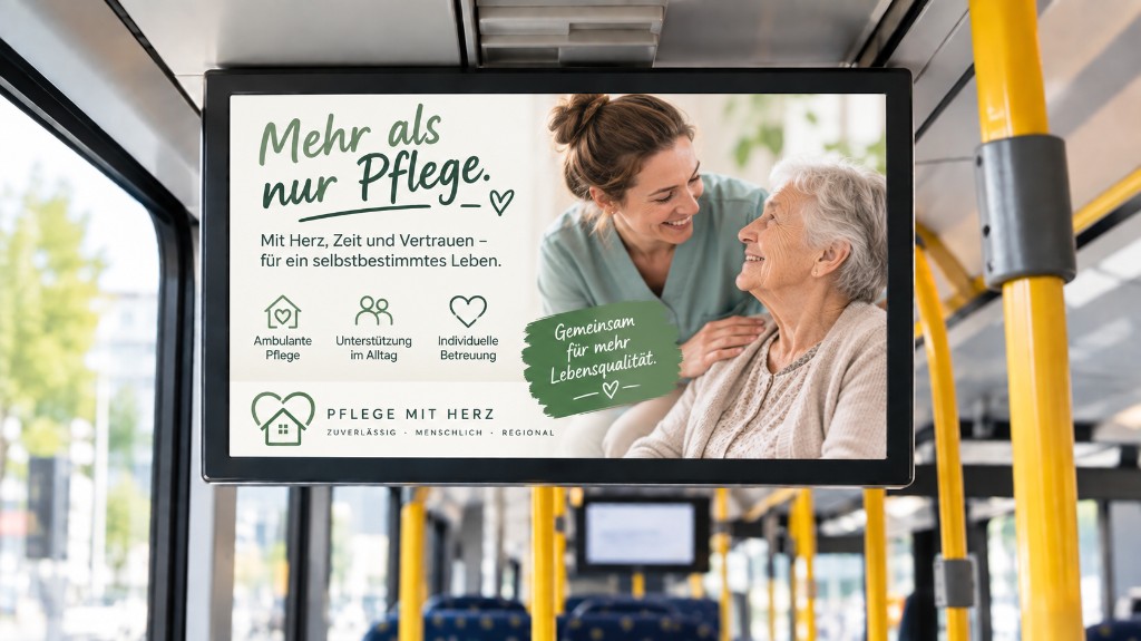 Beispielspot Pflege auf einem Monitor im Bus